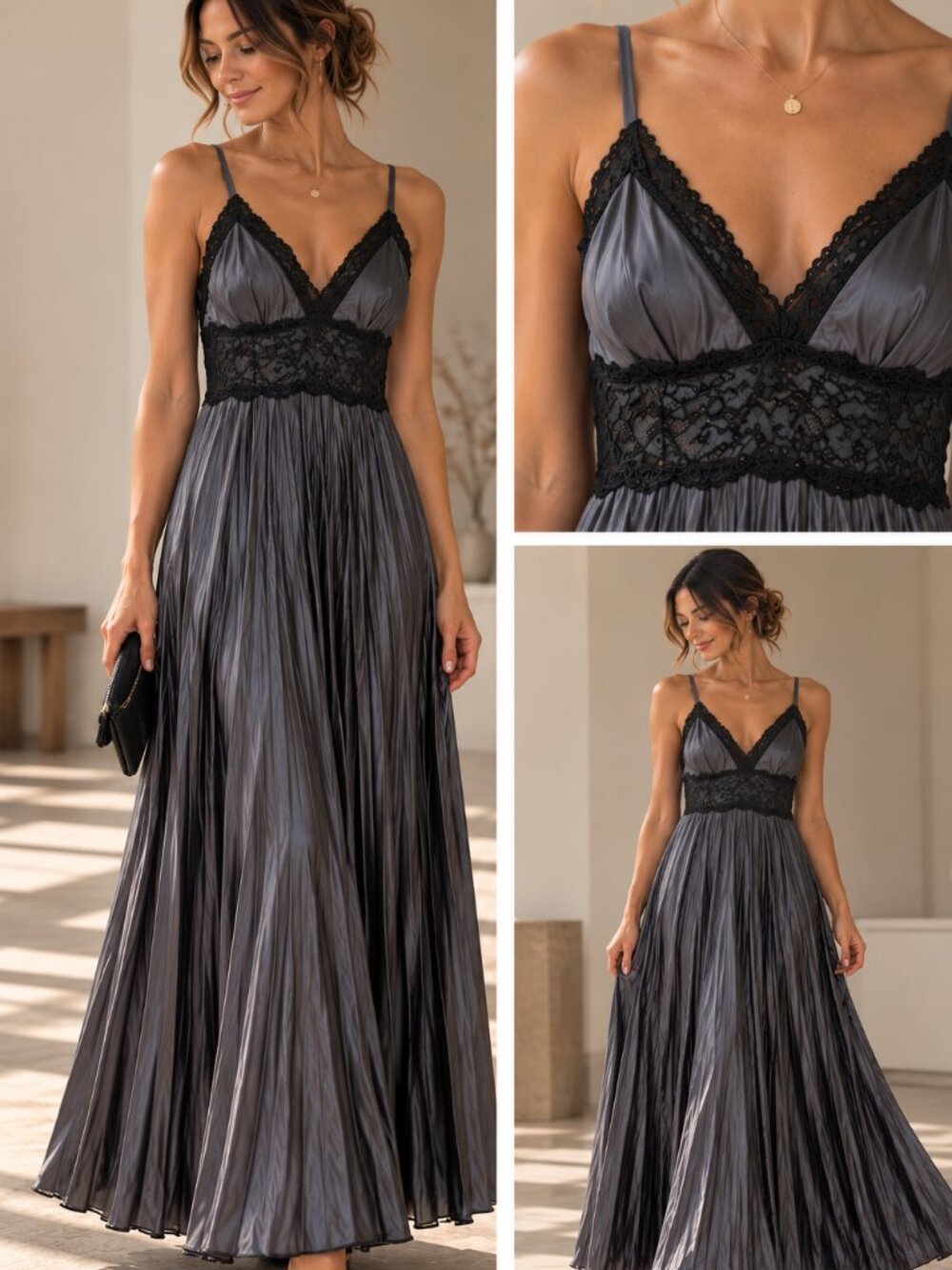 XOXO Satin Lace-Trim Long Chemise in Charcoal Gray